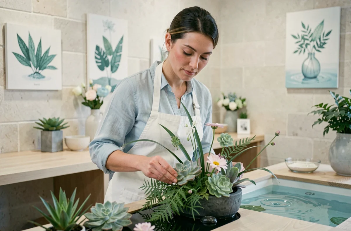 Fleuriste d'Acqua Flora à Calvi composant un arrangement botanique minimaliste dans une boutique au design épuré et apaisant