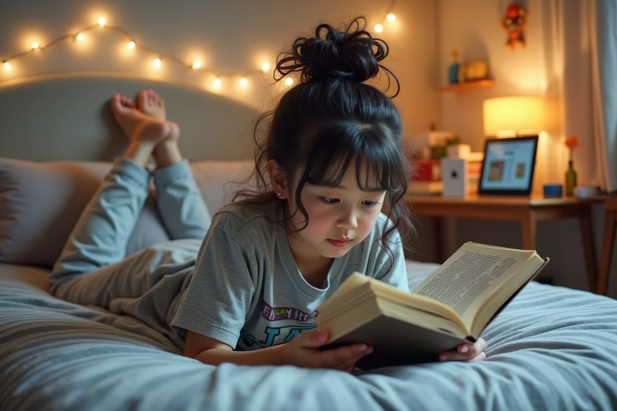 Adolescente lisant le dernier chapitre de One Piece sur tablette et en version papier dans sa chambre