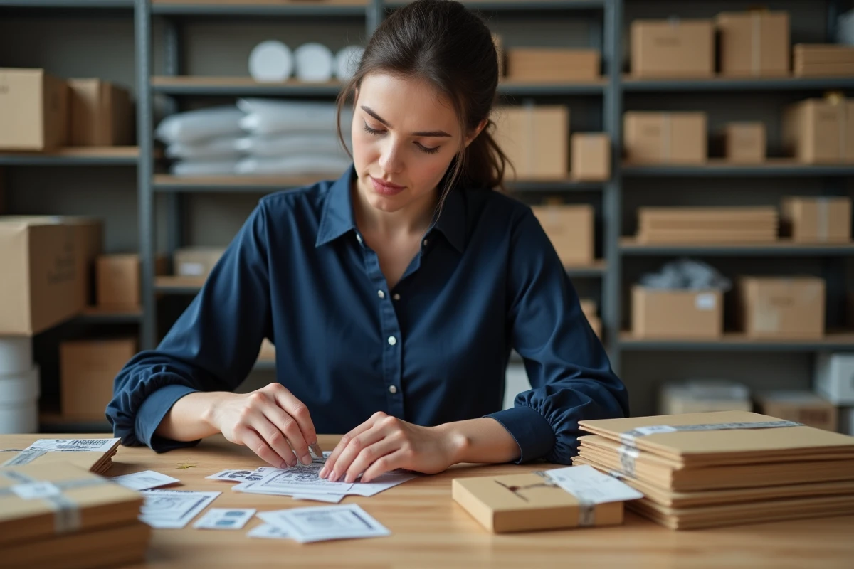 Femme e-commerçante préparant des enveloppes avec étiquettes d'affranchissement dans un entrepôt de petite entreprise
