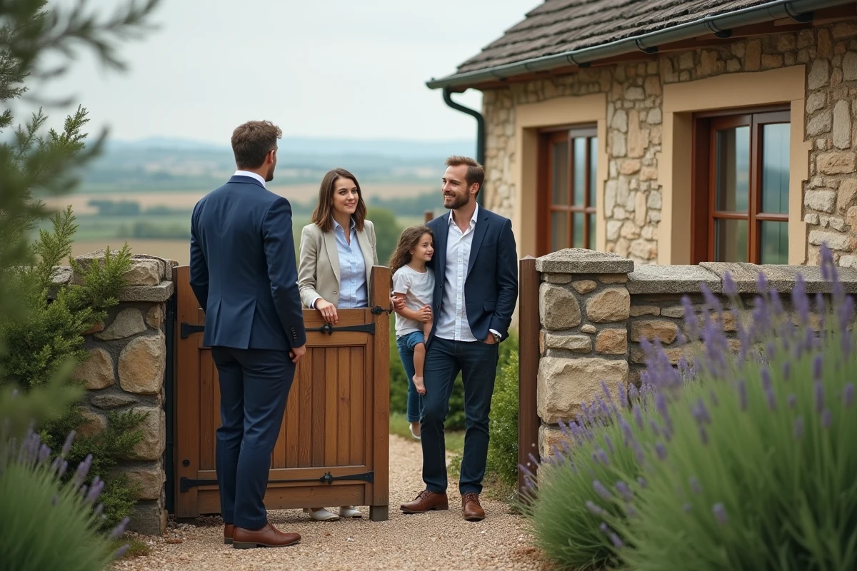 Agent immobilier présentant une maison rénovée à une famille dans un quartier résidentiel de Monlezun en 2026