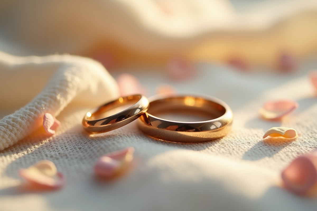 Alliances de mariage sur tissu avec pétales de fleurs en gros plan