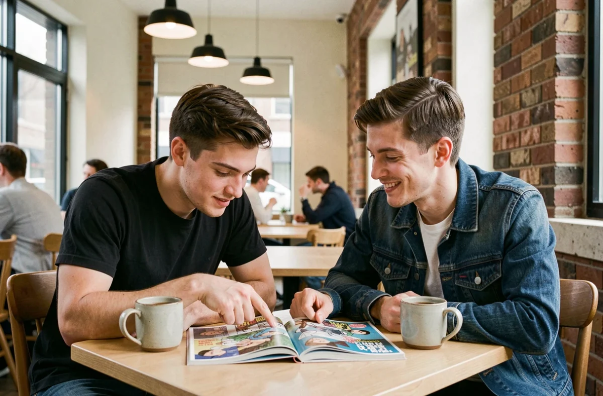 Deux jeunes hommes découvrant ensemble un manga yaoi attablés dans un café urbain moderne