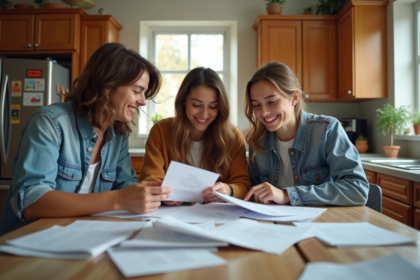 Trois amis souriants autour d'une table de cuisine avec souvenirs de voyage