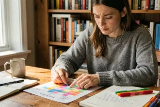 Femme analysant ses anciennes parties Wordle sur une feuille imprimée à son bureau à domicile