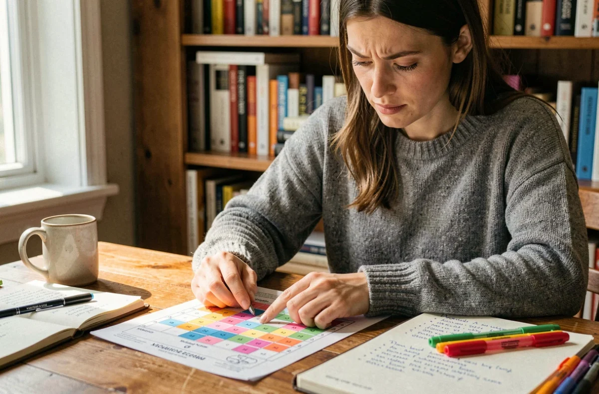 Femme analysant ses anciennes parties Wordle sur une feuille imprimée à son bureau à domicile