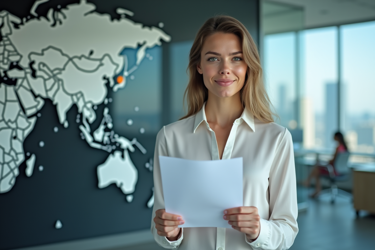 Jeune analyste politique avec rapport devant un mur de cartes abstraites