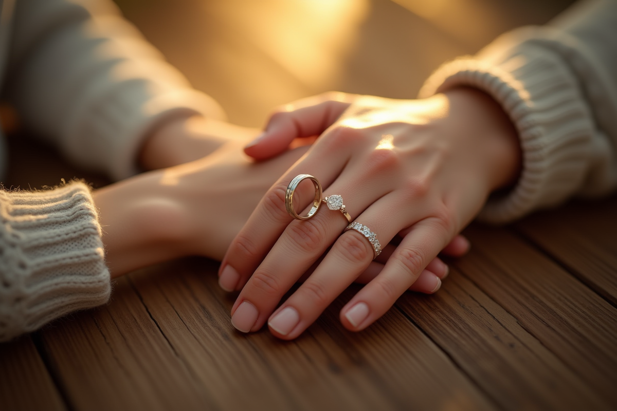Anneaux de mariage sur mains entrelacees en gros plan pour un article mariage