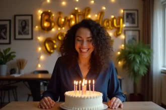 Femme soufflant les bougies de son gâteau d'anniversaire dans un appartement moderne décoré avec des ballons dorés
