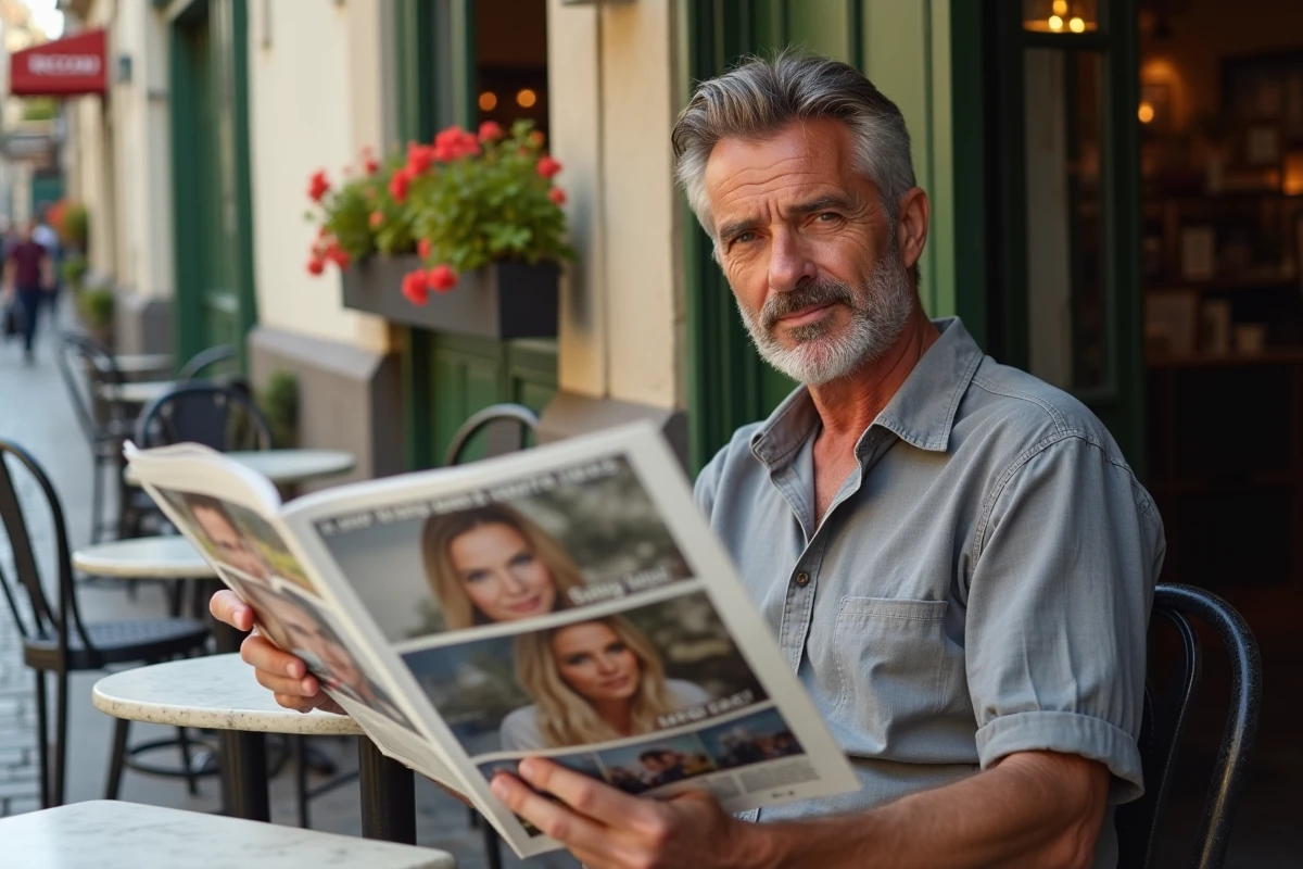 Homme lisant un magazine sur les anniversaires de célébrités à la terrasse d'un café parisien