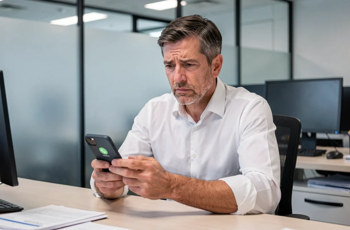 Homme en bureau hésitant face à un appel téléphonique entrant depuis l'Espagne avec le préfixe +34