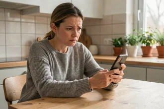 Femme suspicieuse regardant un appel entrant avec indicatif +34 espagnol sur son smartphone dans une cuisine moderne