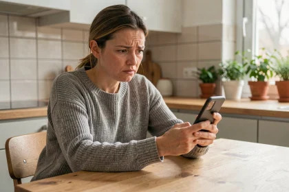 Femme suspicieuse regardant un appel entrant avec indicatif +34 espagnol sur son smartphone dans une cuisine moderne