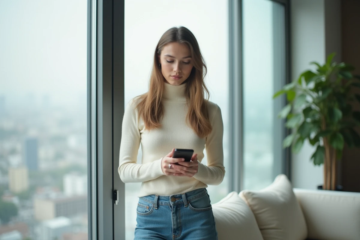 Jeune femme utilisant l'application Vinted pour signaler un problème de sécurité depuis son appartement