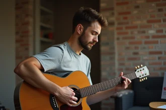 Jeune homme apprenant l'accord B7 à la guitare acoustique dans une salle de musique à domicile, doigts bien positionnés sur le manche