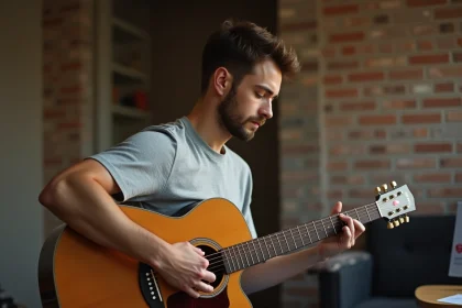 Jeune homme apprenant l'accord B7 à la guitare acoustique dans une salle de musique à domicile, doigts bien positionnés sur le manche