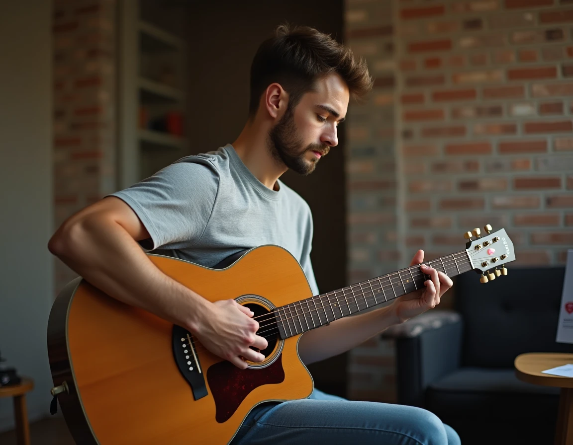 Jeune homme apprenant l'accord B7 à la guitare acoustique dans une salle de musique à domicile, doigts bien positionnés sur le manche