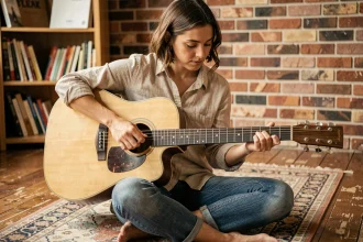 Jeune femme apprenant les accords de guitare acoustique sans barrés, assise sur un parquet en bois dans un studio chaleureux
