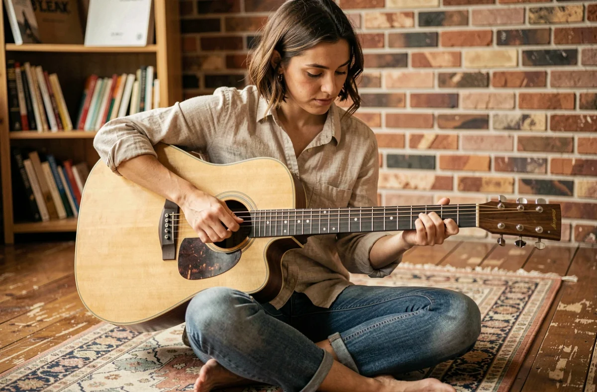 Jeune femme apprenant les accords de guitare acoustique sans barrés, assise sur un parquet en bois dans un studio chaleureux