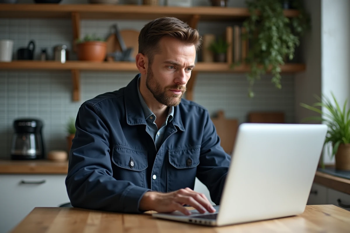 Artisan homme travaillant sur un ordinateur dans une cuisine chaleureuse