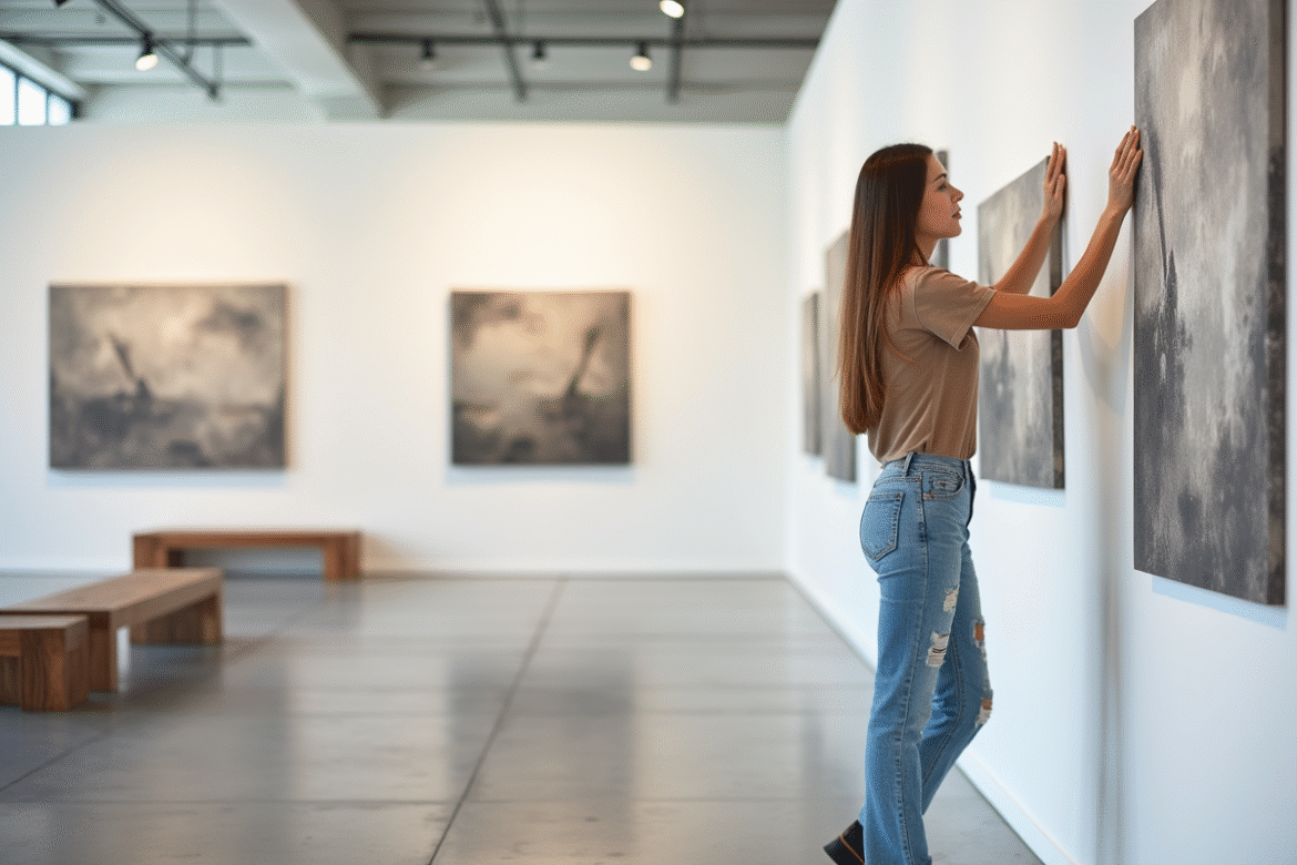 Jeune artiste arrangeant des œuvres mixtes dans une galerie moderne