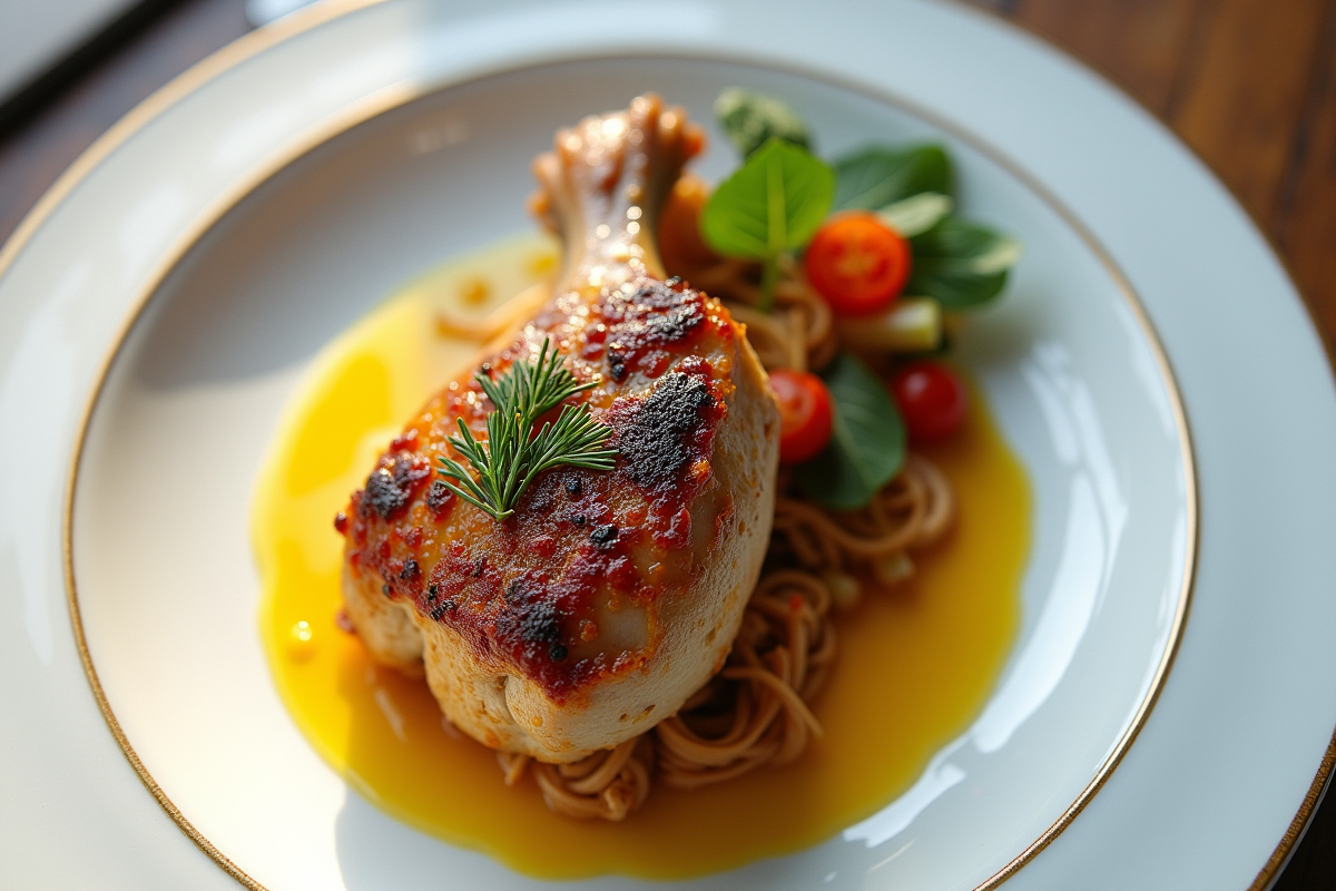 Assiette gastronomique de lapin au four avec sauce moutarde