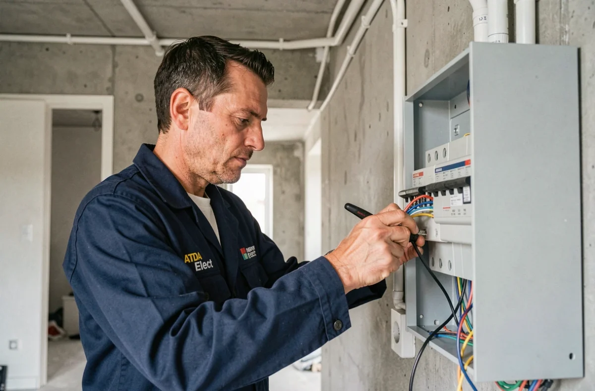 Technicien ATDA Elect câblant un tableau de distribution électrique dans un appartement rénové à Villeurbanne