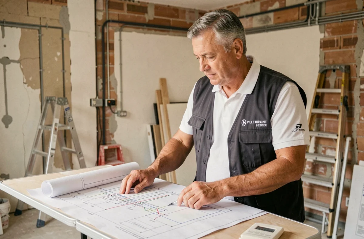 Électricien Atelec examinant des plans techniques sur un chantier de rénovation résidentielle à Villeurbanne