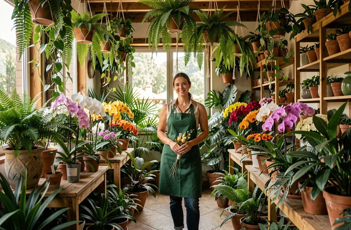 Fleuriste d'Au Jardin d'Eden à Calvi entourée de plantes tropicales luxuriantes et de compositions florales exubérantes