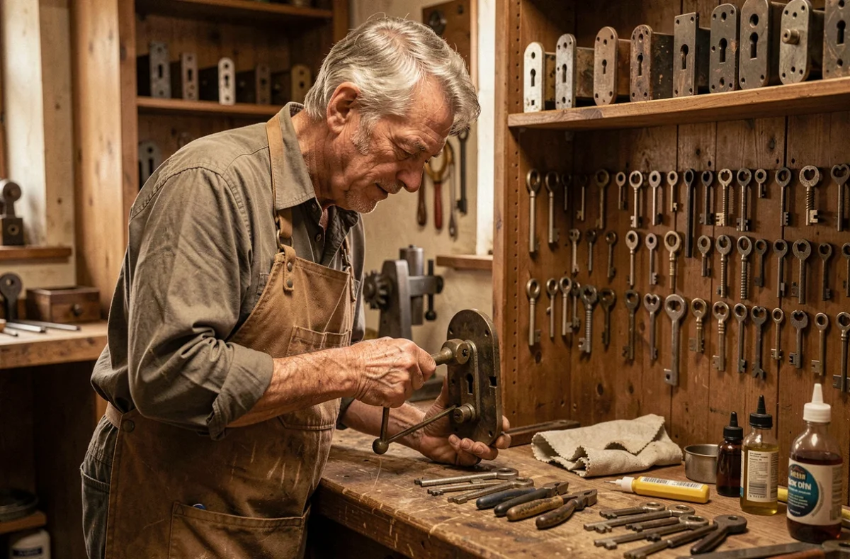 Artisan serrurier Au Vieux Godillot examinant une serrure ancienne dans son atelier de Troyes