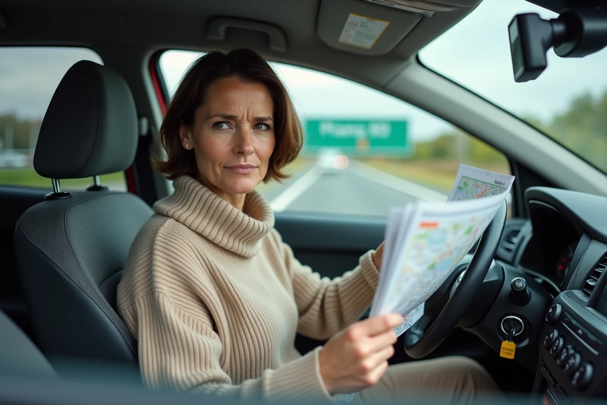 Automobiliste française consultant une carte routière dans son véhicule, symbolisant les préoccupations des conducteurs face aux nouvelles réglementations de transport