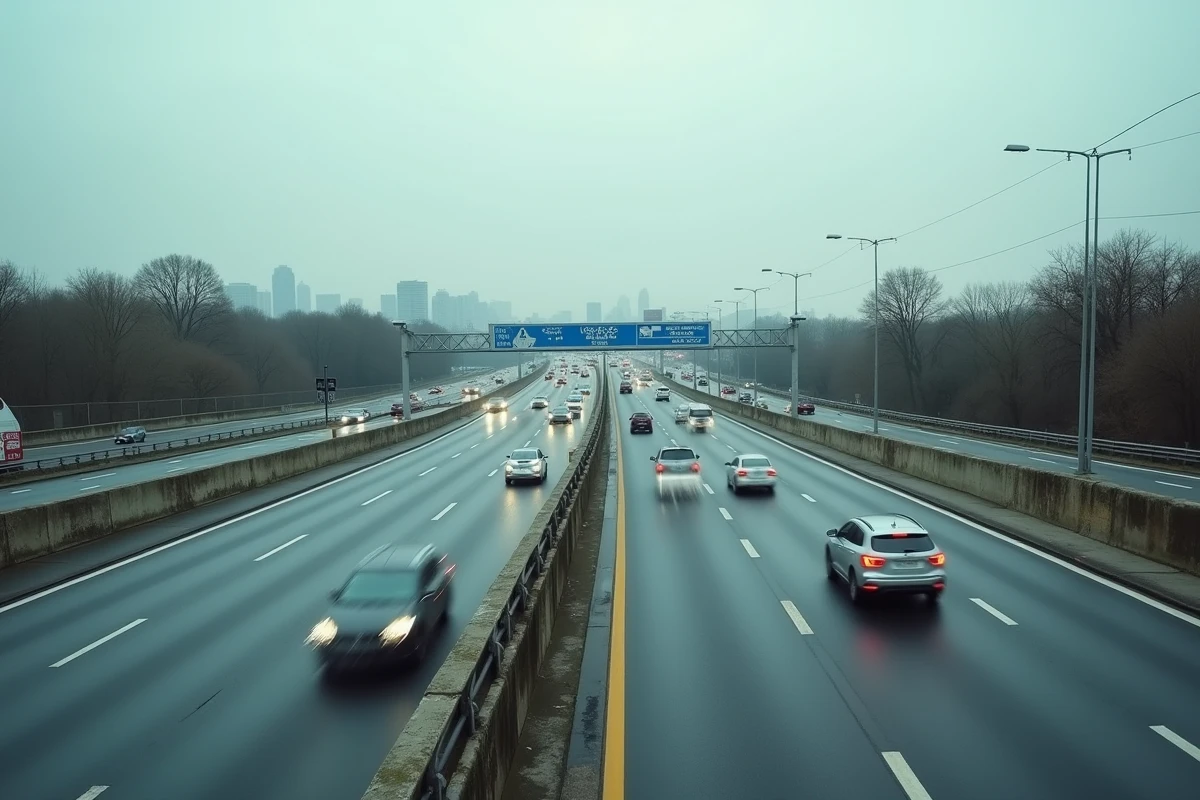 Vue aérienne d'une autoroute française animée illustrant l'impact des politiques de transport sur les automobilistes quotidiens