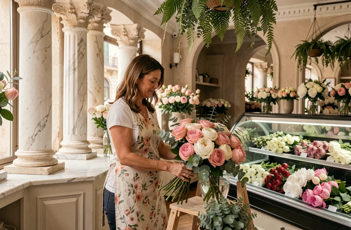 Fleuriste d'Aux Colonnes Fleuries à Ajaccio arrangeant un bouquet élégant dans une boutique aux détails architecturaux classiques