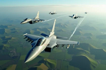 Escadron de avions de chasse européens en vol dans le ciel