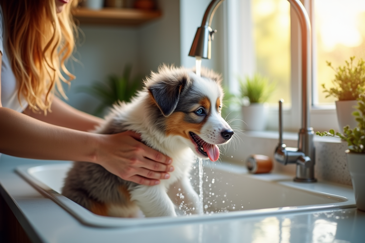 Jeune chiot Australian Shepherd being bathed dans une cuisine moderne
