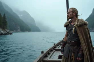Guerrier viking debout sur la proue d'un drakkar face aux fjords brumeux de Scandinavie, évoquant le chef légendaire Björn Ironside