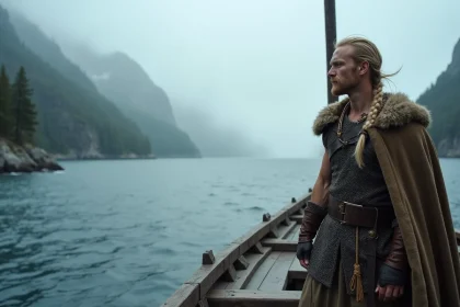 Guerrier viking debout sur la proue d'un drakkar face aux fjords brumeux de Scandinavie, évoquant le chef légendaire Björn Ironside