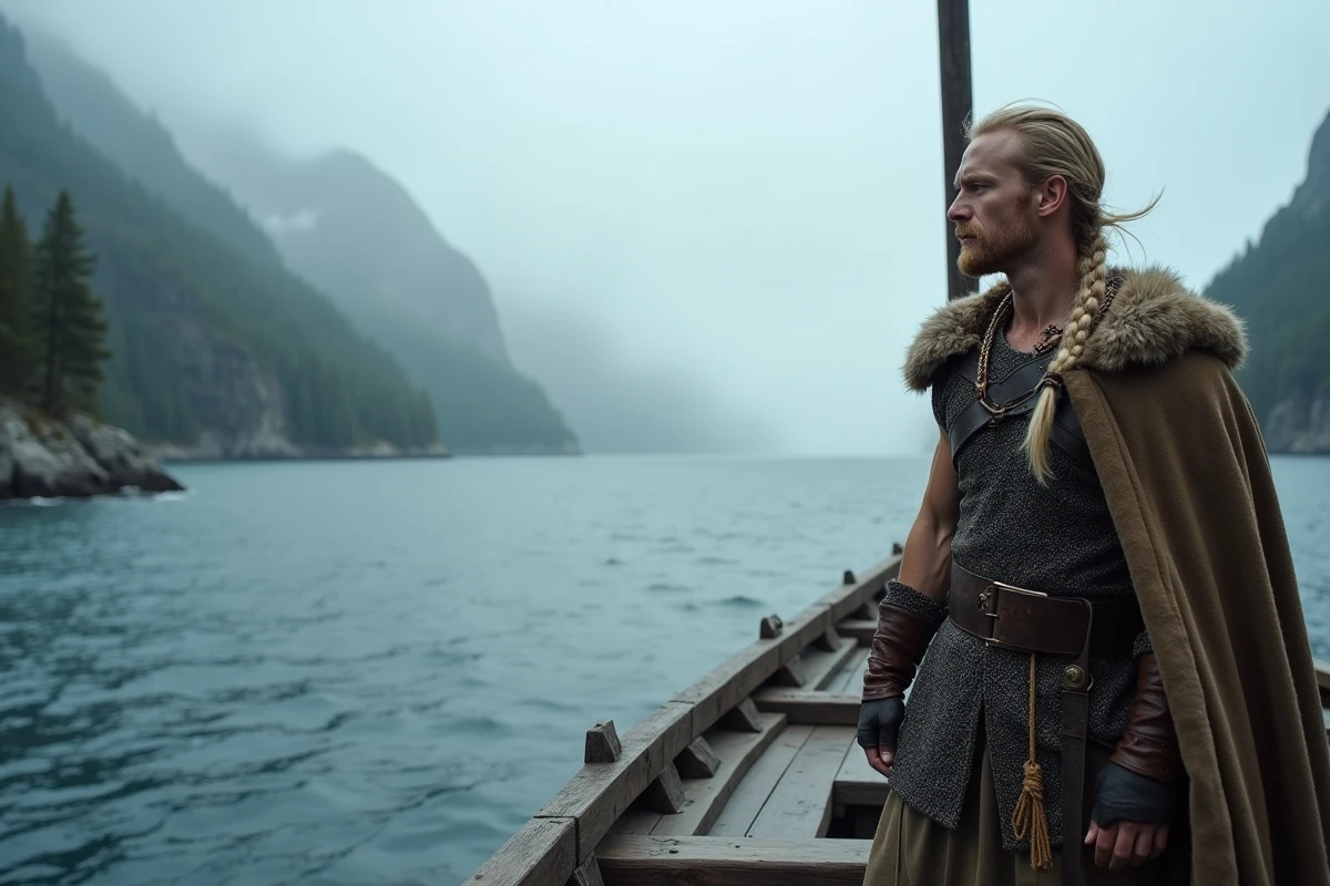 Guerrier viking debout sur la proue d'un drakkar face aux fjords brumeux de Scandinavie, évoquant le chef légendaire Björn Ironside