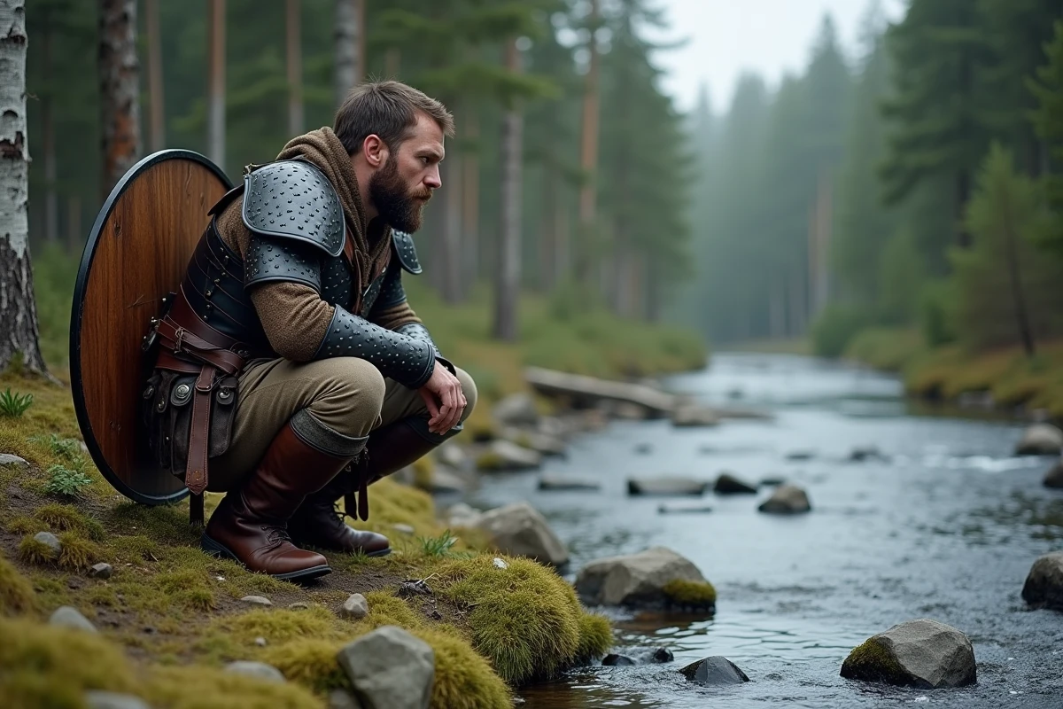 Viking en armure de cuir accroupi au bord d'une rivière dans une forêt boréale scandinave, illustrant la vie de terrain méconnue des guerriers nordiques comme Björn Ironside