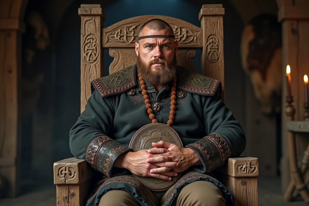 Roi viking assis sur un trône sculpté dans une salle des fêtes nordique, incarnant l'autorité historique de Björn Ironside chef des Norsemen