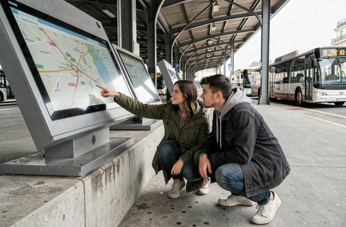 Couple utilisant une borne interactive de carte de bus à un terminus parisien pour planifier leur itinéraire