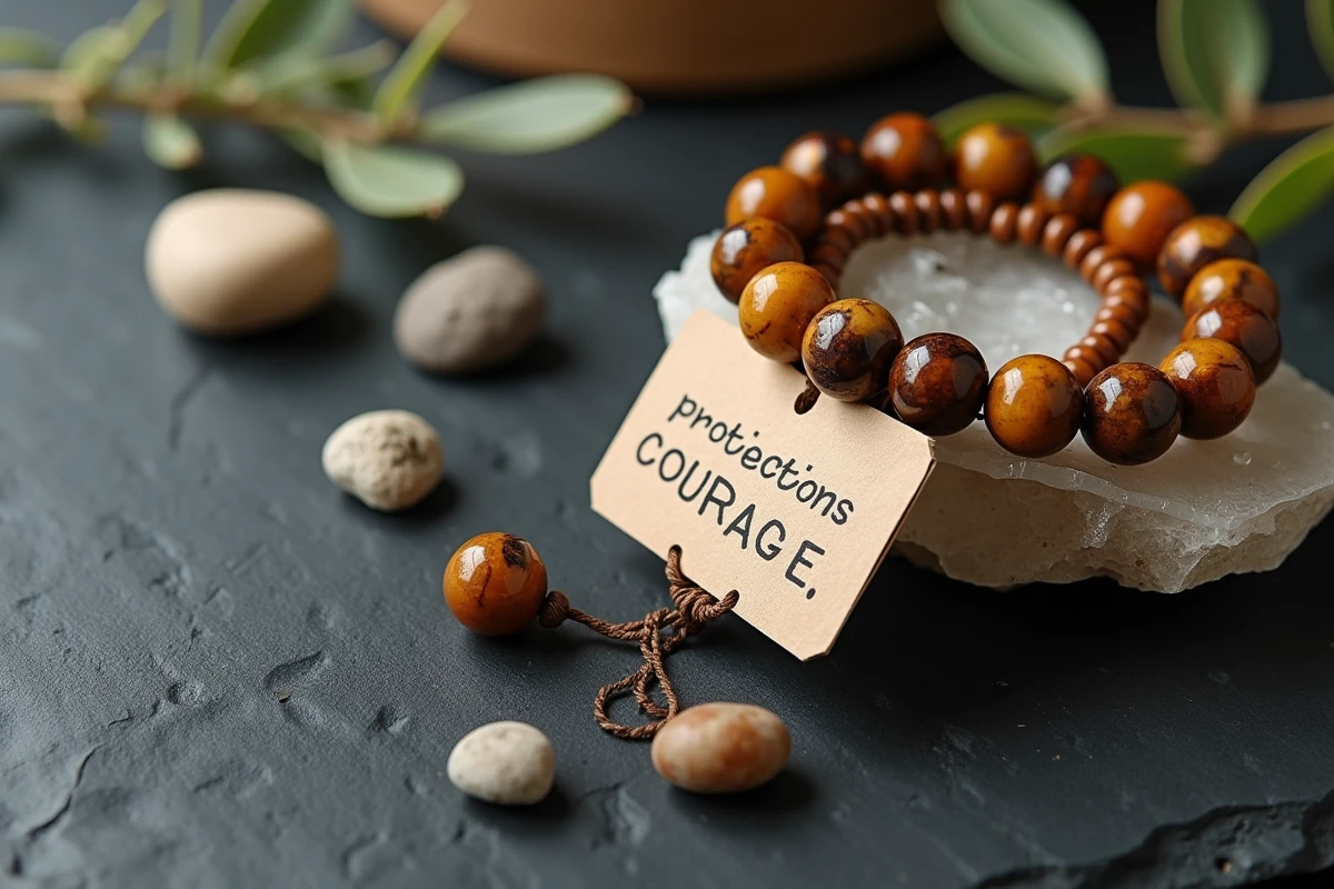 Bracelet en perles d'oeil du tigre posé sur un cristal de quartz avec des feuilles de sauge séchées, symbolisant protection et ancrage