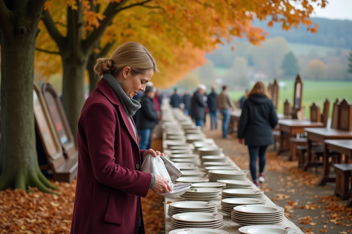 Brocante d'automne en Aveyron avec des étals en plein air sous des châtaigniers aux feuilles dorées et une vendeuse emballant de la porcelaine ancienne