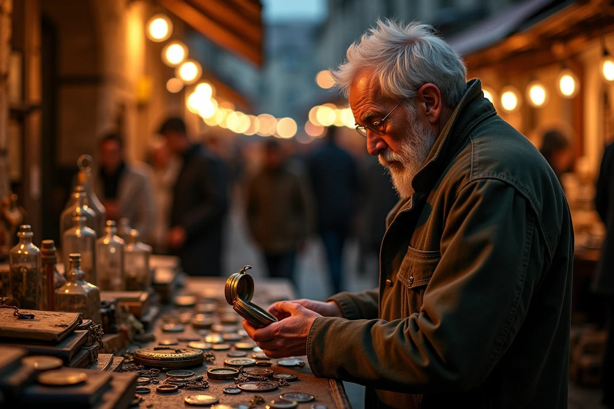 Sortie nocturne à une brocante en Aveyron avec des étals éclairés par des guirlandes lumineuses et des visiteurs découvrant des objets anciens