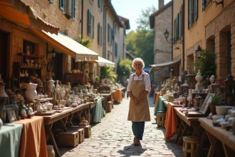Brocante de printemps en Aveyron sur une place de village médiéval avec des étals couverts d'objets anciens et de céramiques vintage