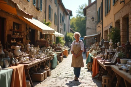 Brocante de printemps en Aveyron sur une place de village médiéval avec des étals couverts d'objets anciens et de céramiques vintage