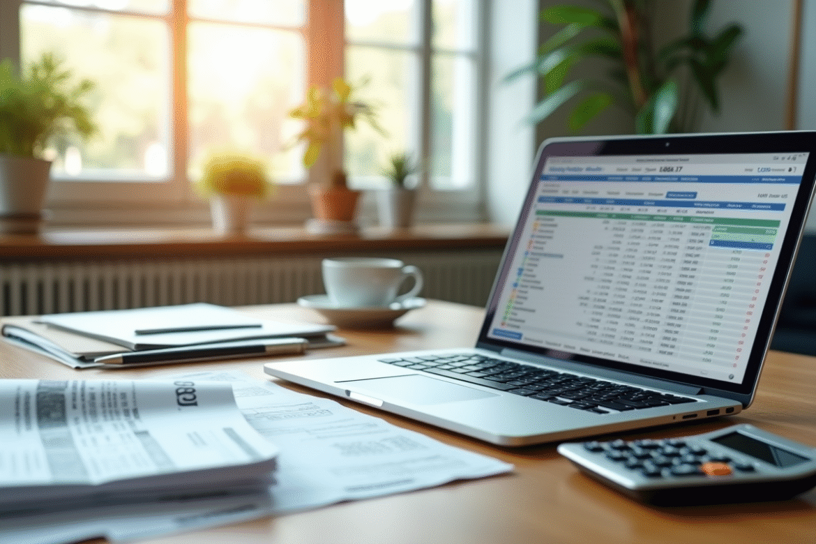 Bureau moderne avec ordinateur et factures pour budget