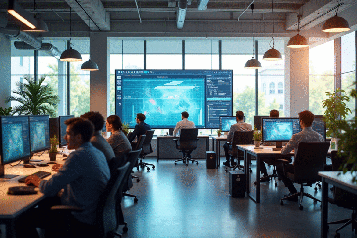 Bureau moderne avec professionnels numériques au travail