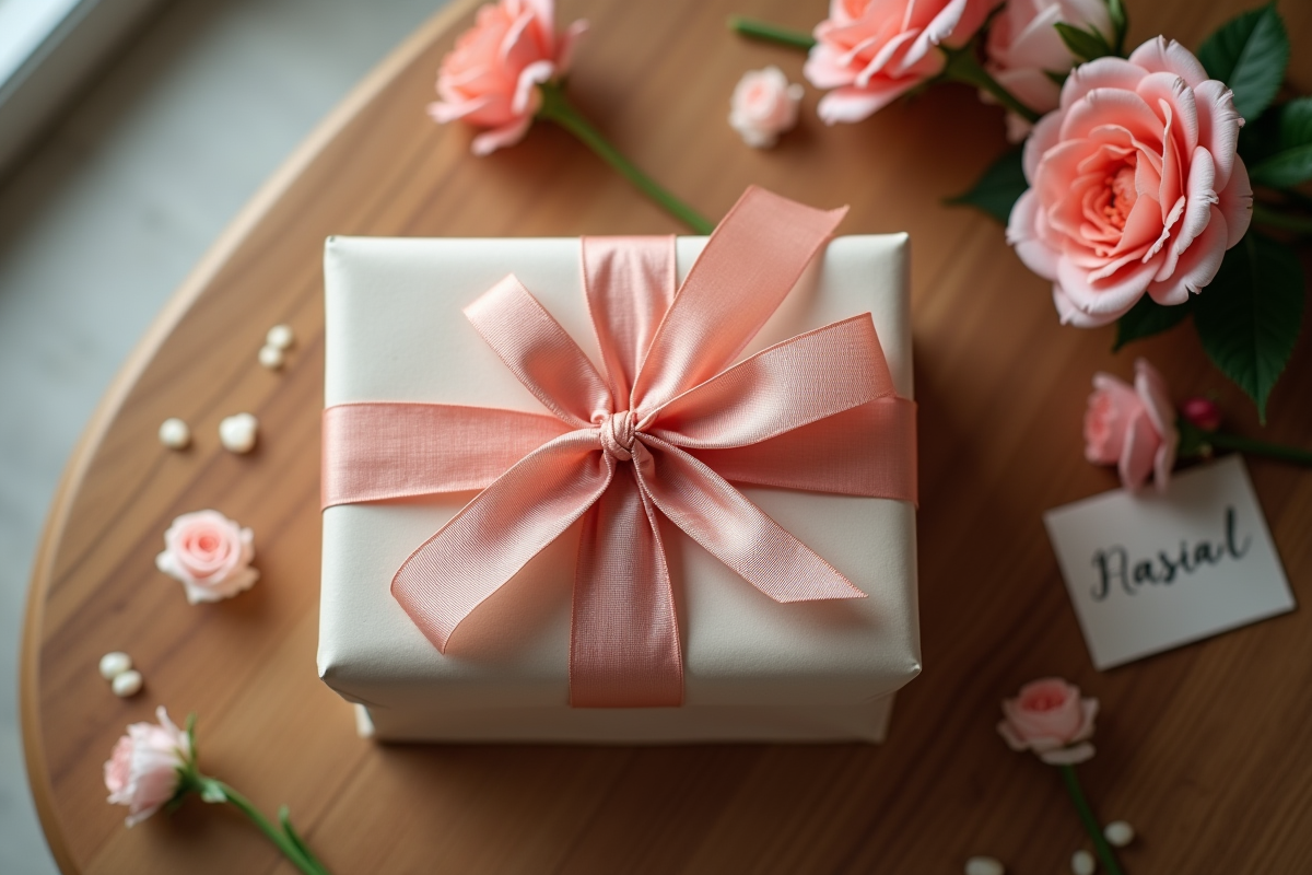 Cadeau d anniversaire joliment emballé avec fleurs et cartes à côté
