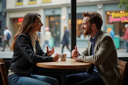 Homme et femme discutant dans un café urbain animé