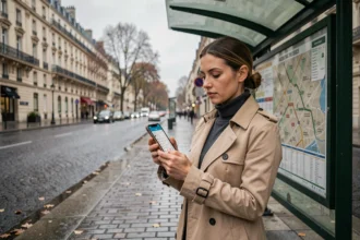 Femme consultant une carte interactive de bus sur smartphone à un arrêt de bus parisien en automne